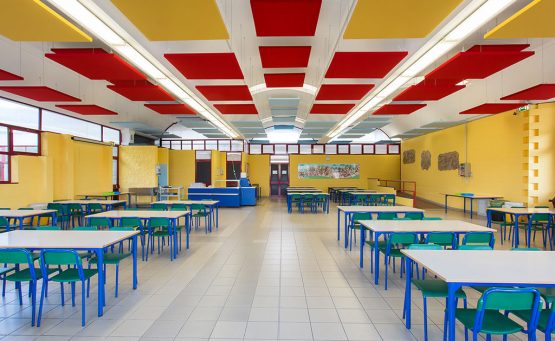 Yellow and red phonolook panels installed on the ceiling