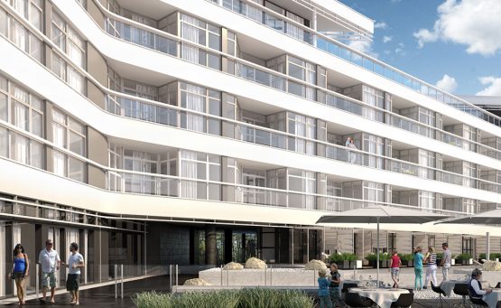 Render vista prospetto interno del primo edificio realizzato