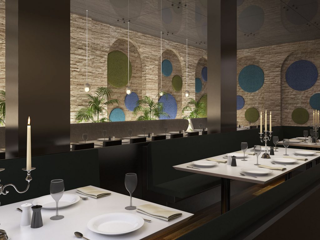 Rendering con pannelli Phonolook appesi al muro di un ristorante
