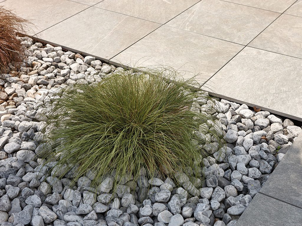 Flowerbed with hedge, stones and stone paving