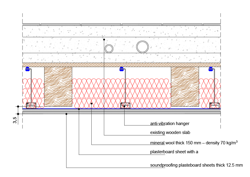Soundproofed ceiling on an existing wooden slab - vertical section