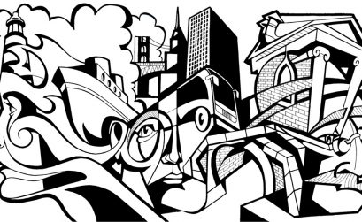 Immagine cubista in bianco e nero di una città e i suoi abitanti