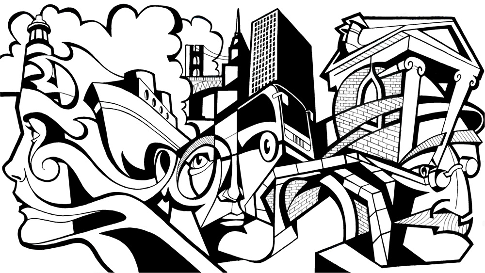 Immagine cubista in bianco e nero di una città e i suoi abitanti
