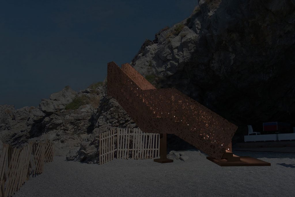 Corten steel staircase on the Arcomagno beach, province of Cosenza