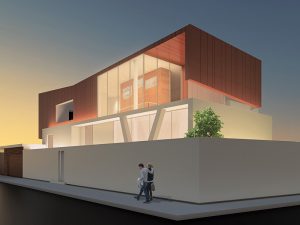 Coppia che passeggia attorno alla O-House illuminata la sera