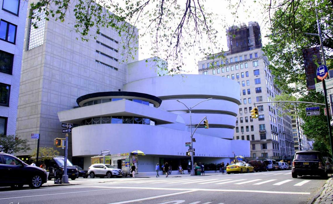 The Guggenheim Museum overlooks the busy Fifth Avenue, on 89th street, in the center of the borough of New York.