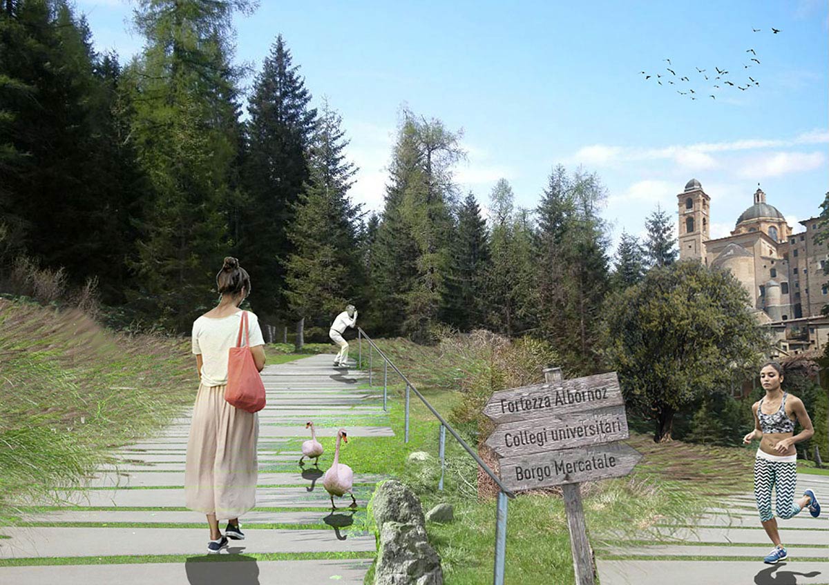 Render di un parco con delle persone che lo attraversano attraverso un percorso designato