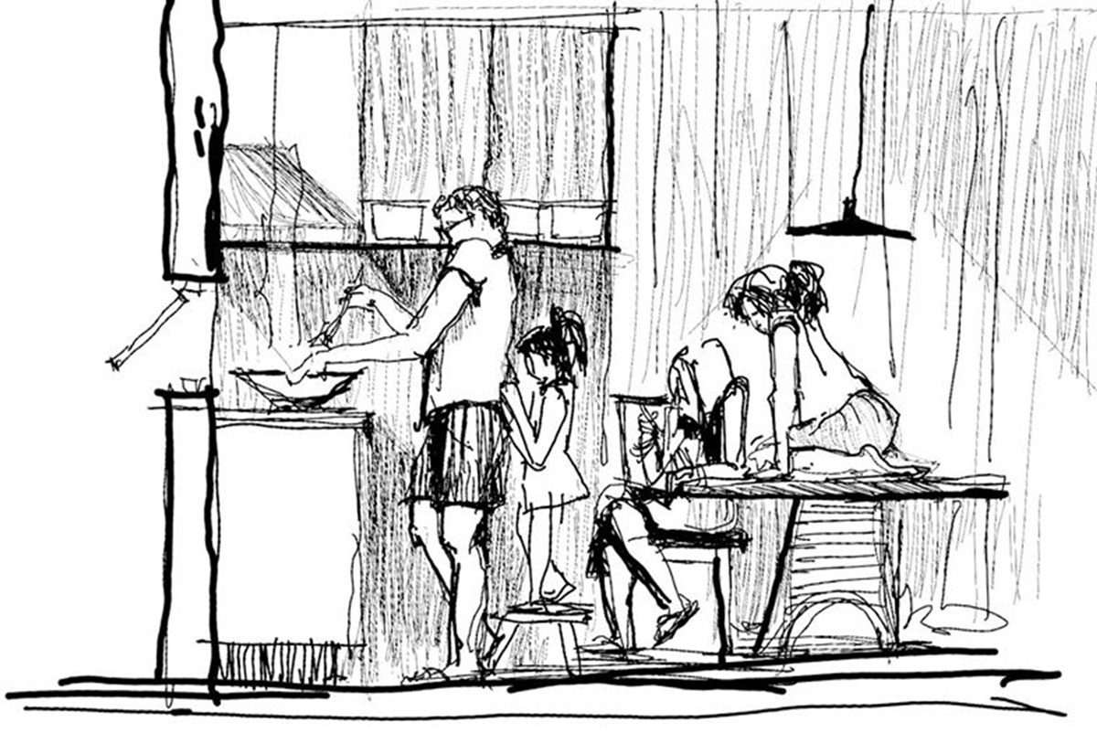 Vignetta in bianco e nero di una famiglia impegnata a cucinare in cucina