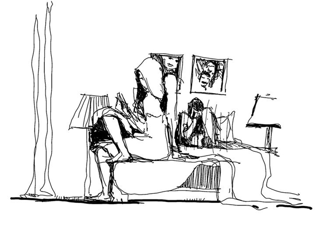Vignetta in bianco e nero di una coppia che passano il tempo in camera