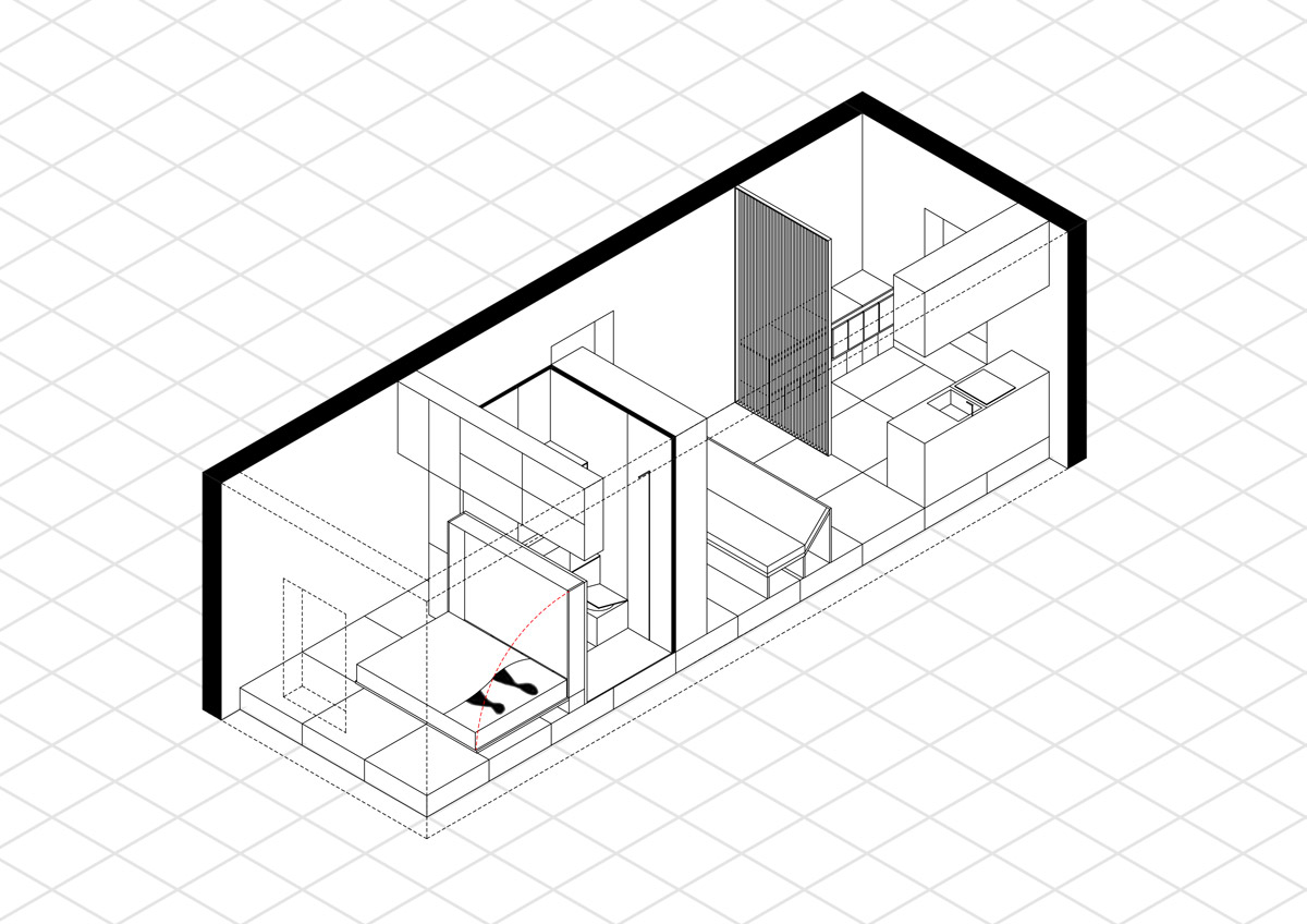 piantina disegnata di spazio 30 mq con cucina, salotto, bagno e camera