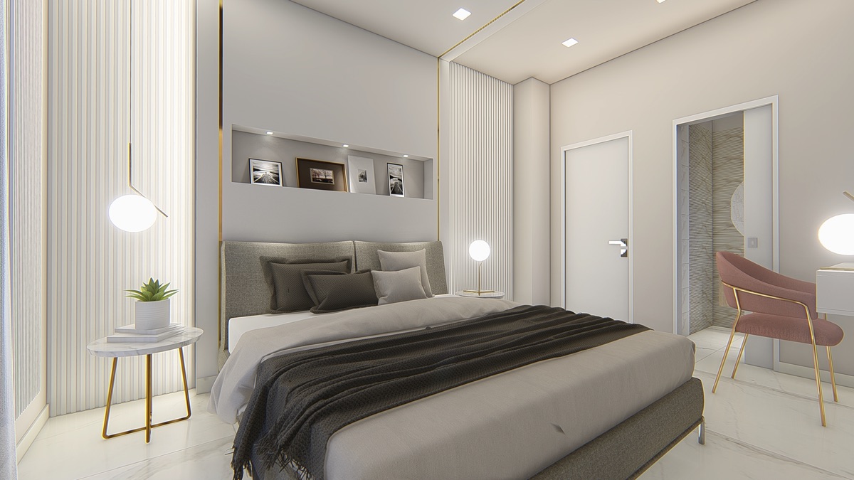 Render di una camera con al centro un letto matrimoniale con coperte bianche e marroni