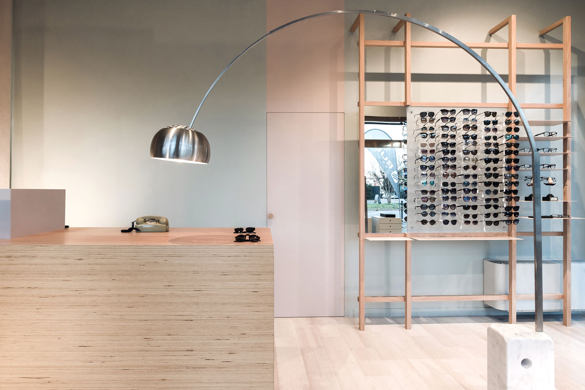 Arc lamp next to a wooden counter