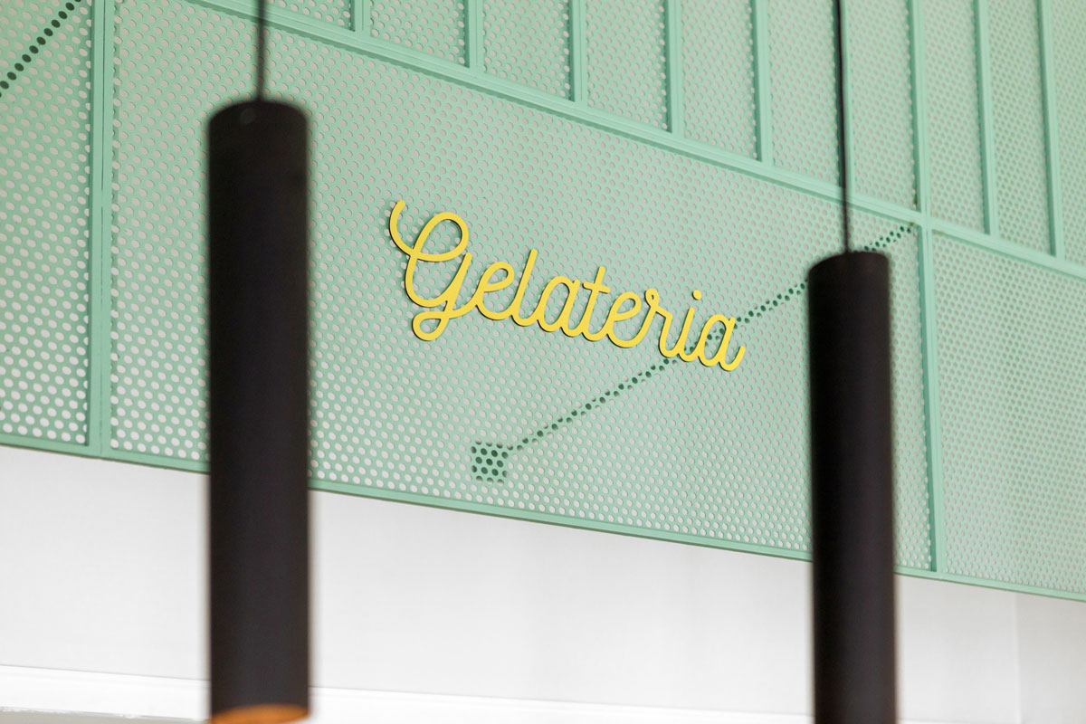 Gold-colored ice cream lettering placed on a green wall grid