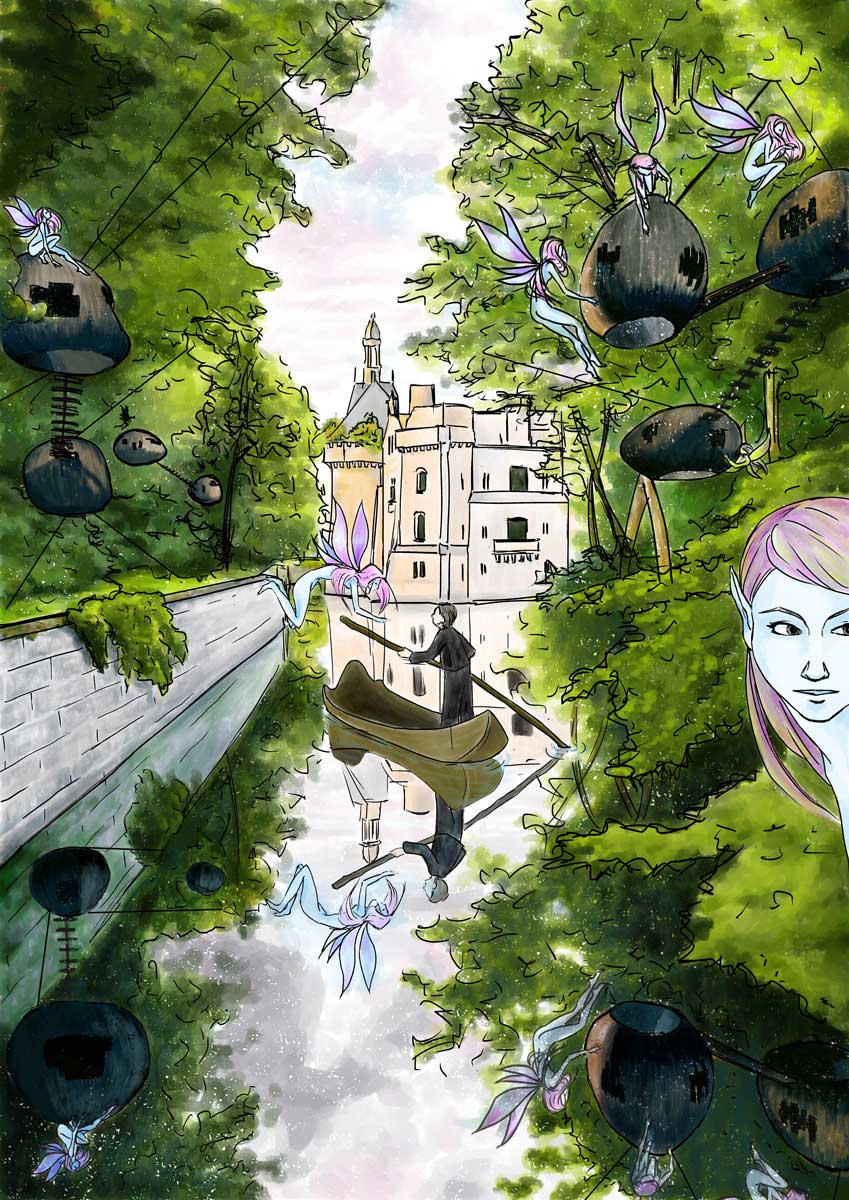 Drawing of a forest with fairies