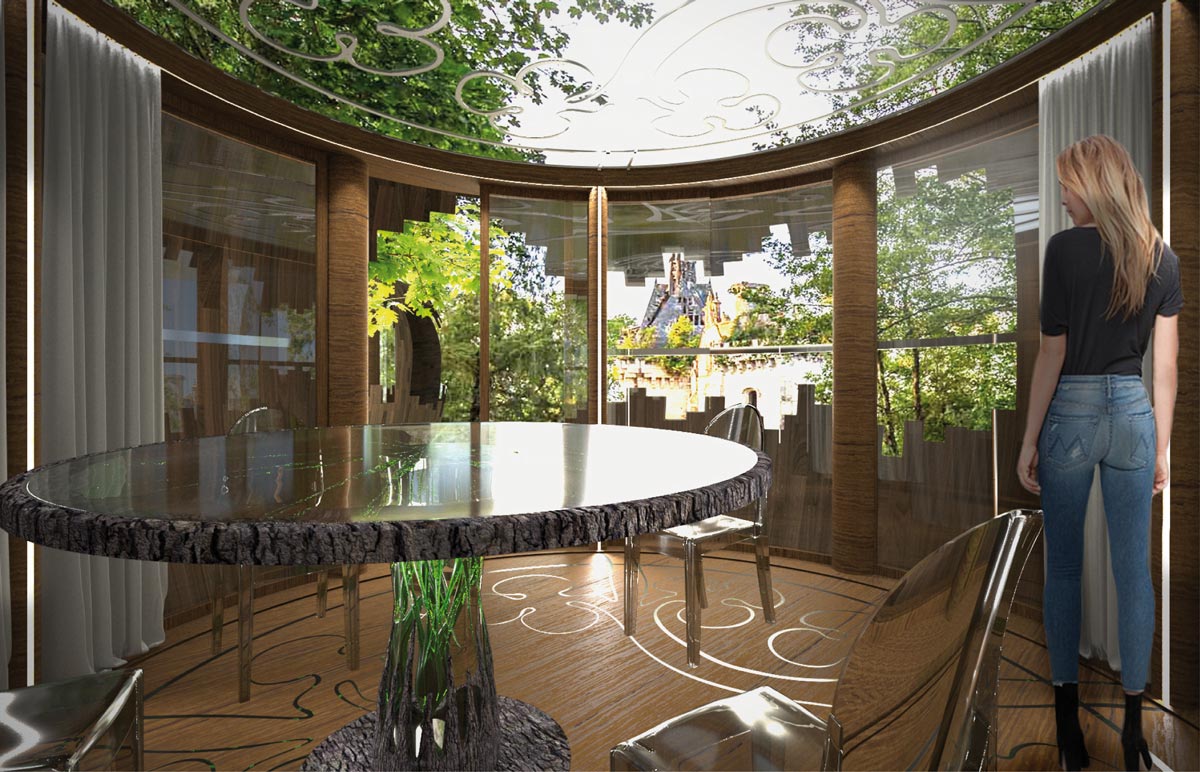 Wooden dining room surrounded by greenery