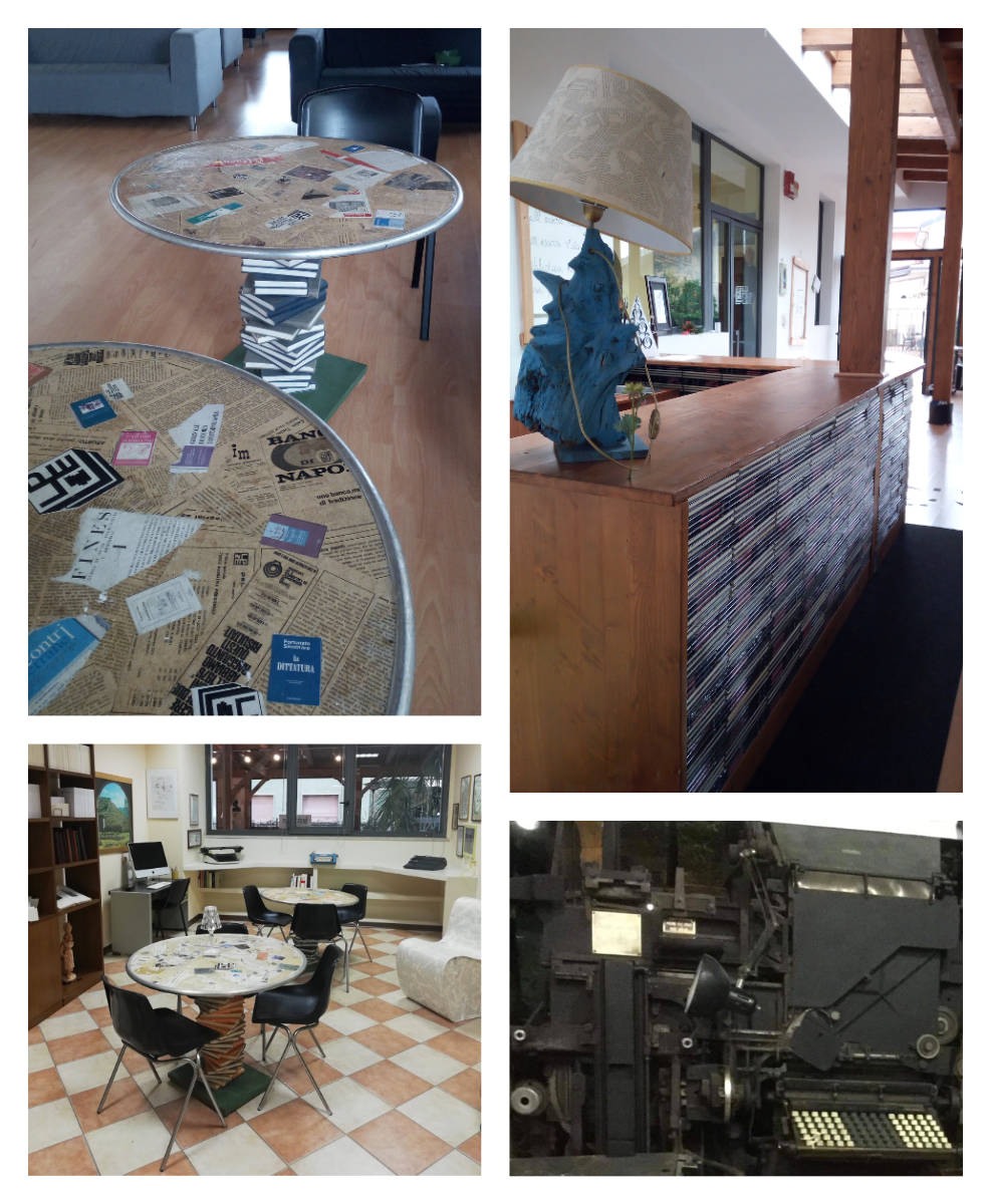 Various photos showing a reading corner made up of small tables