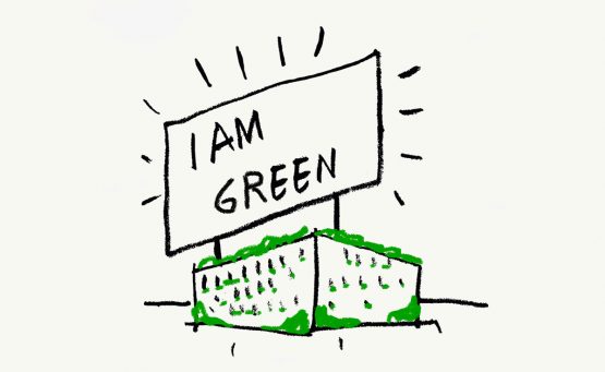 disegno di una fabbrica con scritto "I am green"