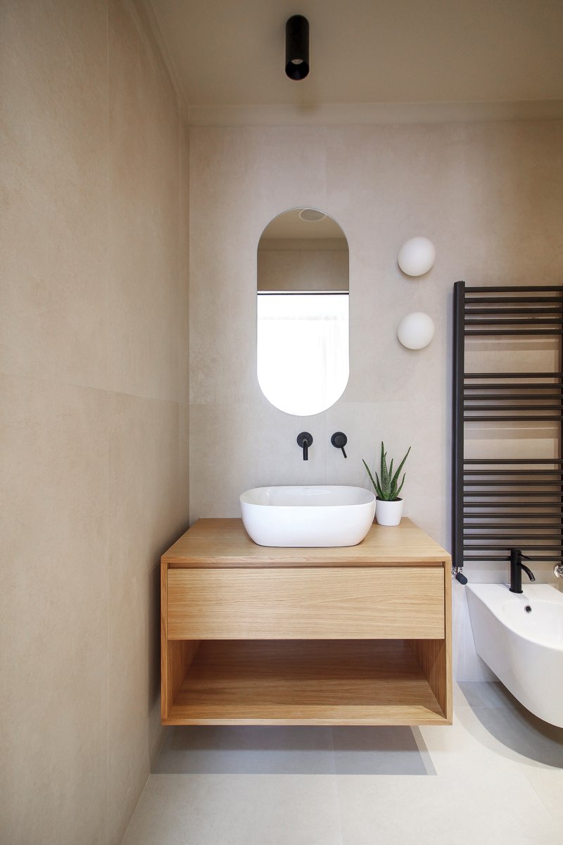 Washbasin on a wooden cabinet