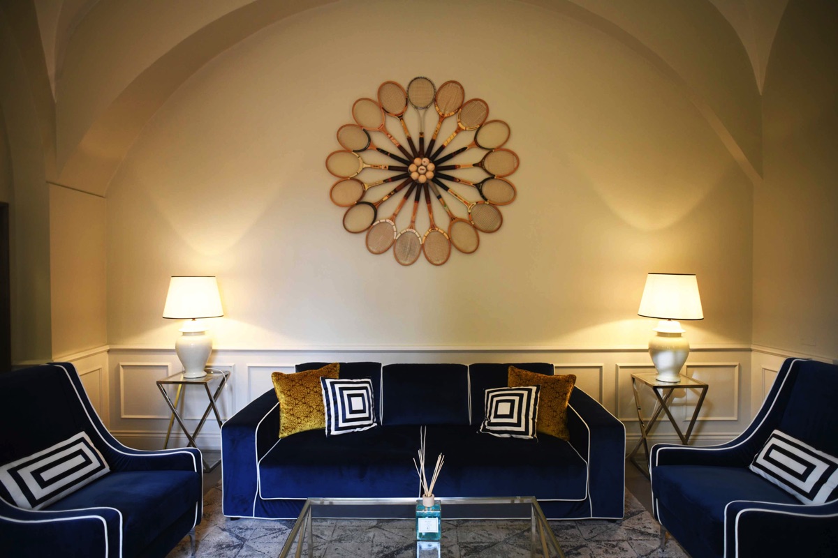Private sitting area with blue sofas