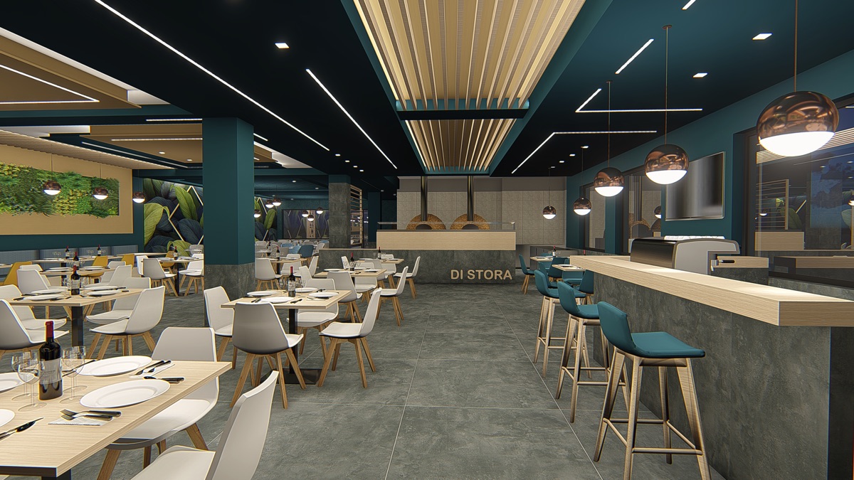 Render di una sala di una pizzeria