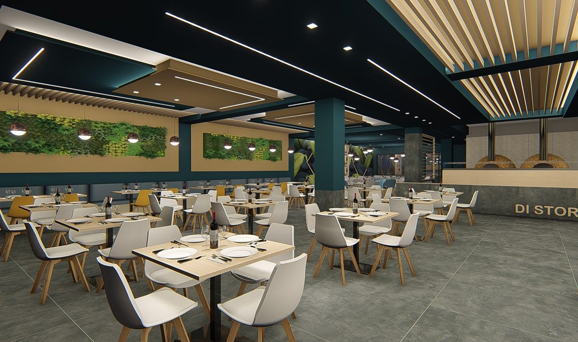 Render di una sala di una pizzeria