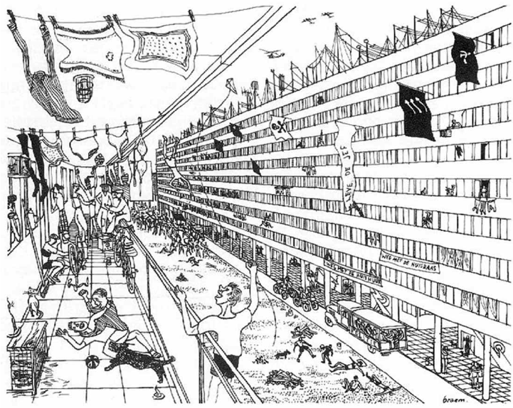 Illustrazione di Renaat Braem, 1953: l’immagine illustra l’edilizia sociale vista dai cattolici