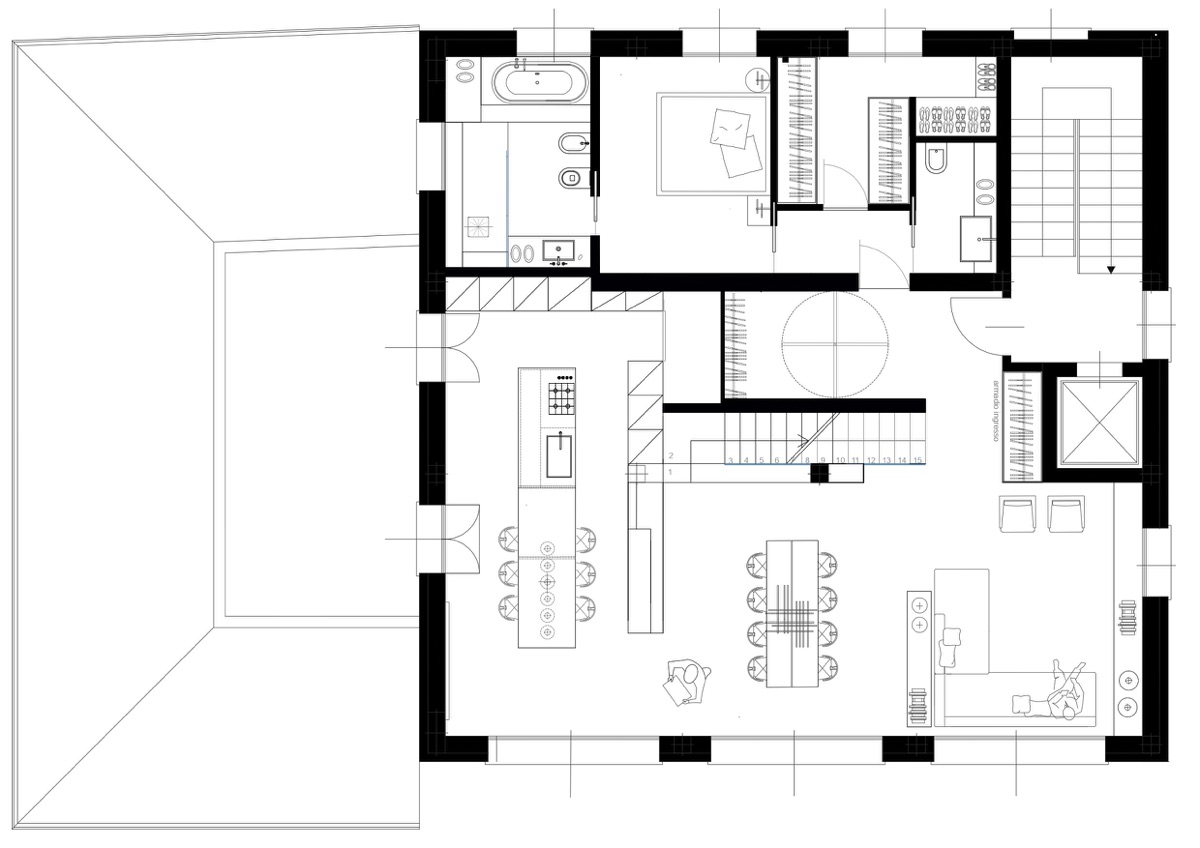 Plan of the second floor of the TR House from twoPIU architects, with entrance hall, kitchen, living area and guest area with bathroom