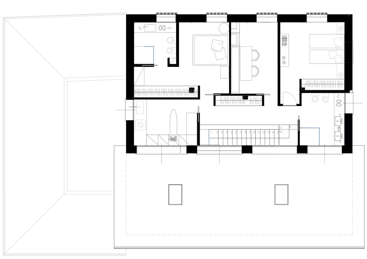 Plan of the second floor of the TR House by twoPIU architects, showing three bedrooms each with a private bathroom