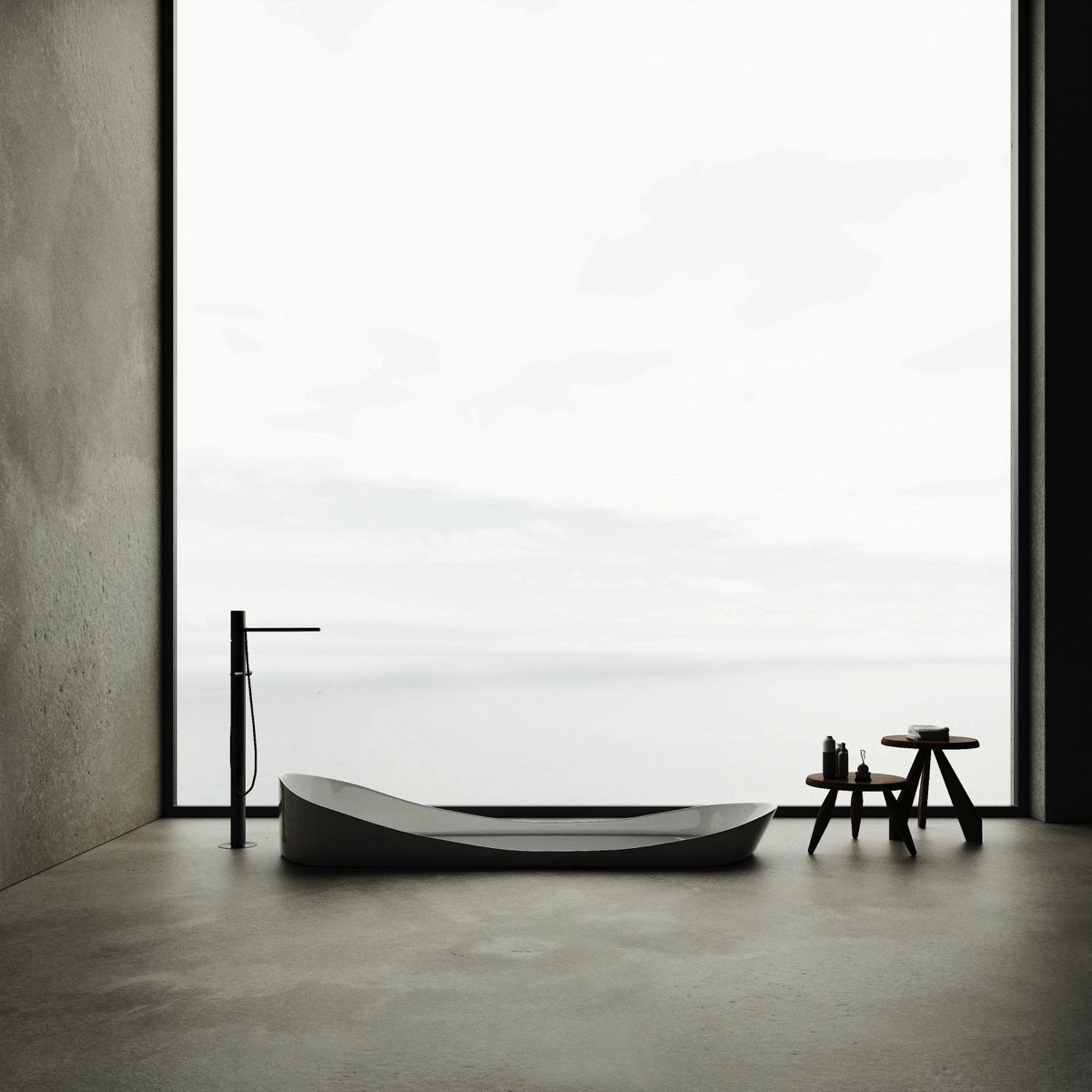 Vasca da bagno moderna in una stanza minimalista con vista su un ampio paesaggio attraverso una grande finestra